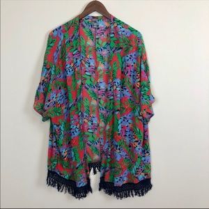 Aerie Tropical Kimono with Navy Crochet Hem